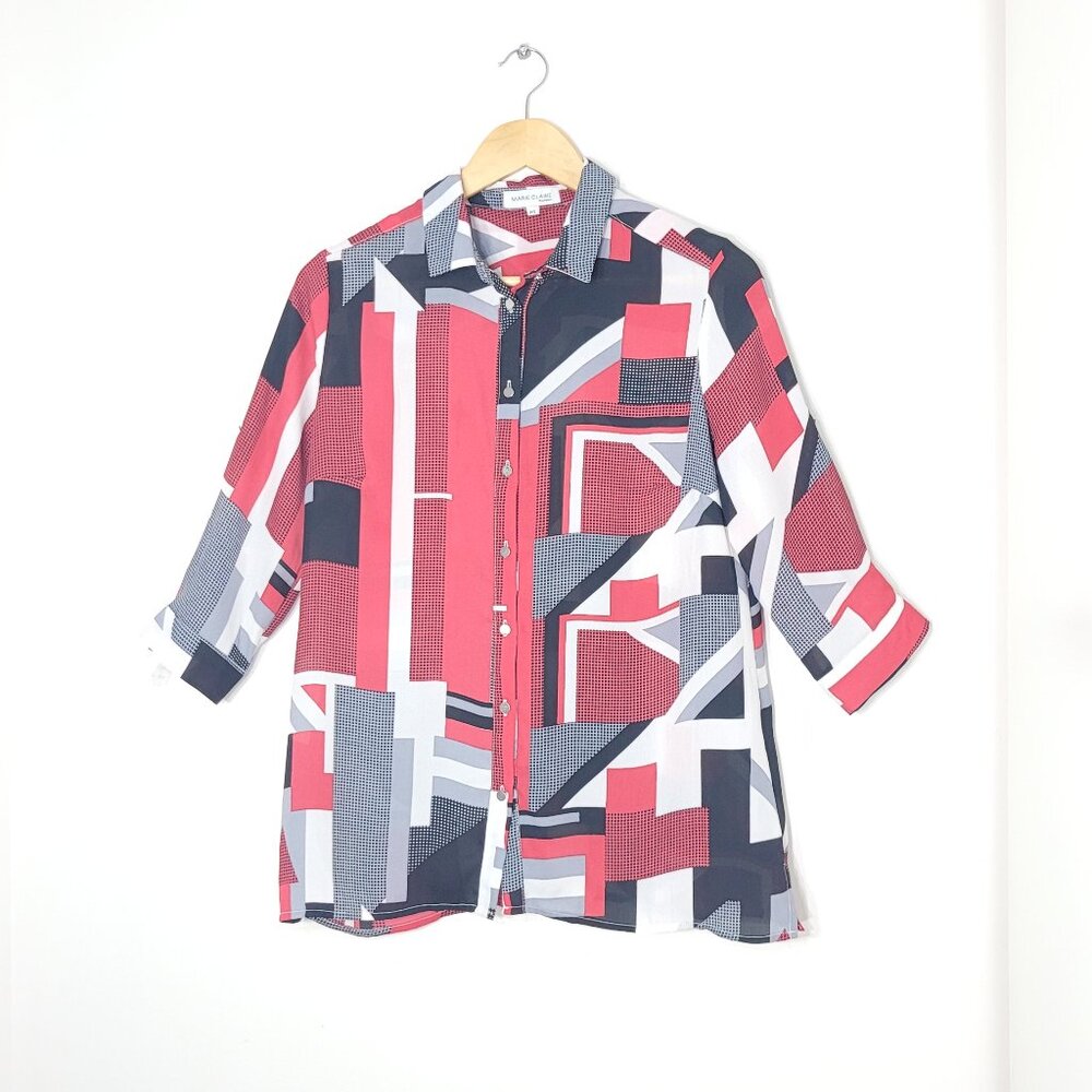Marie Claire Red Black Geometric Multicolor Adjustable Sleeve Button-Down Shirt